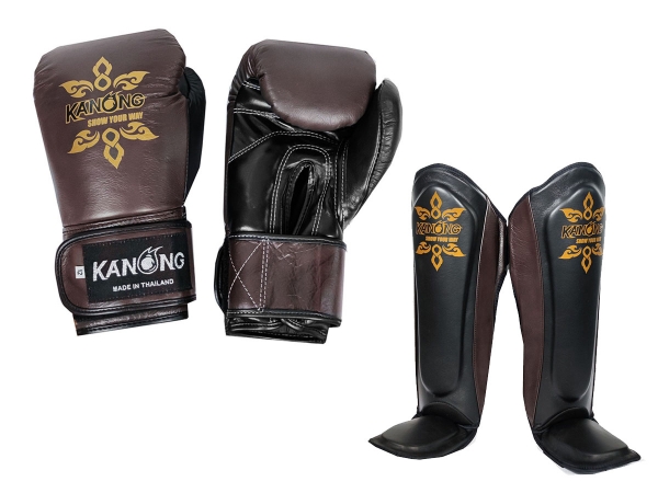 Kanong Real Leather Kit - Boxing Gloves and Shin Pads : Brown/Black